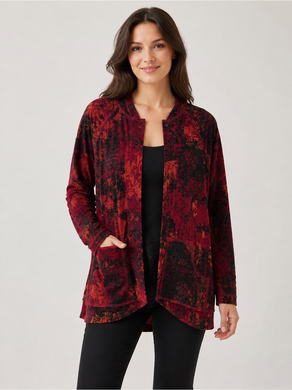 Chico’s Travelers Red Black Abstract Print Hooded Cardigan Jacket Size 0